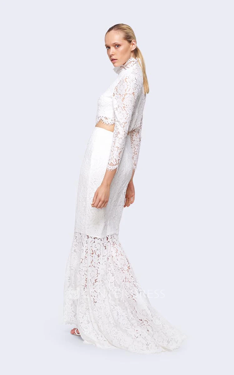 Sheath Ankle-Length High Neck Long-Sleeve Lace Wedding Dress