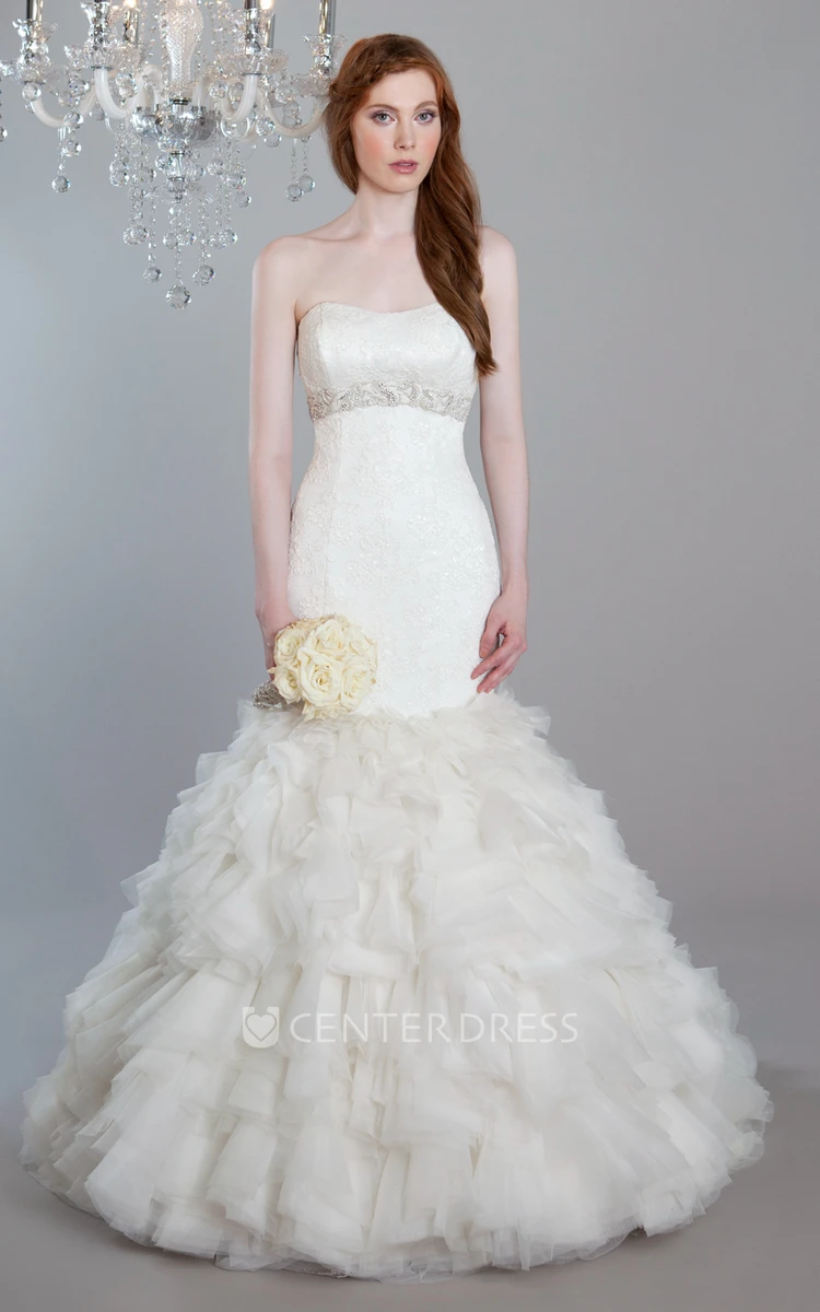 Trumpet Floor-Length Strapless Jeweled Tulle&Lace Wedding Dress With Appliques And Ruffles