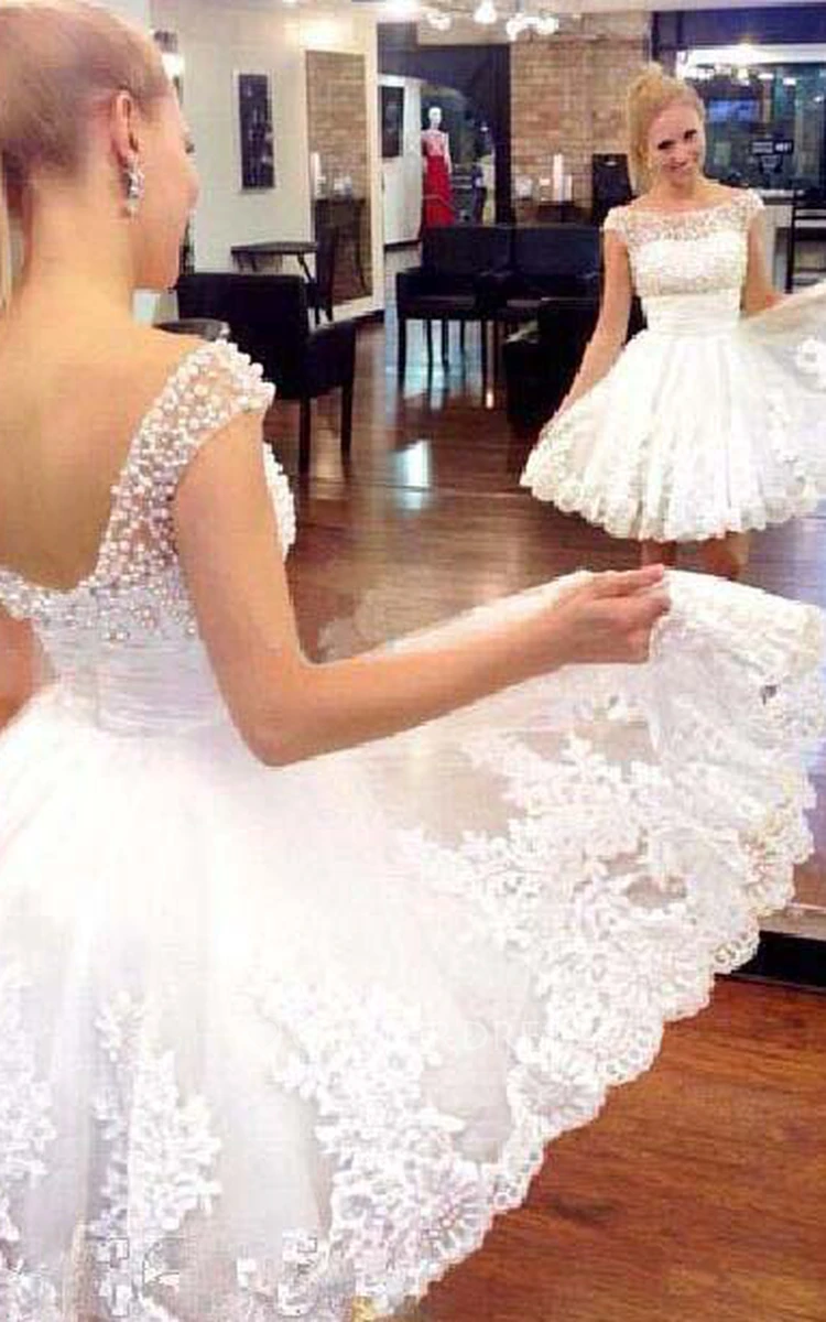 A Line Bateau Lace Tulle Low-V Back Wedding Dress
