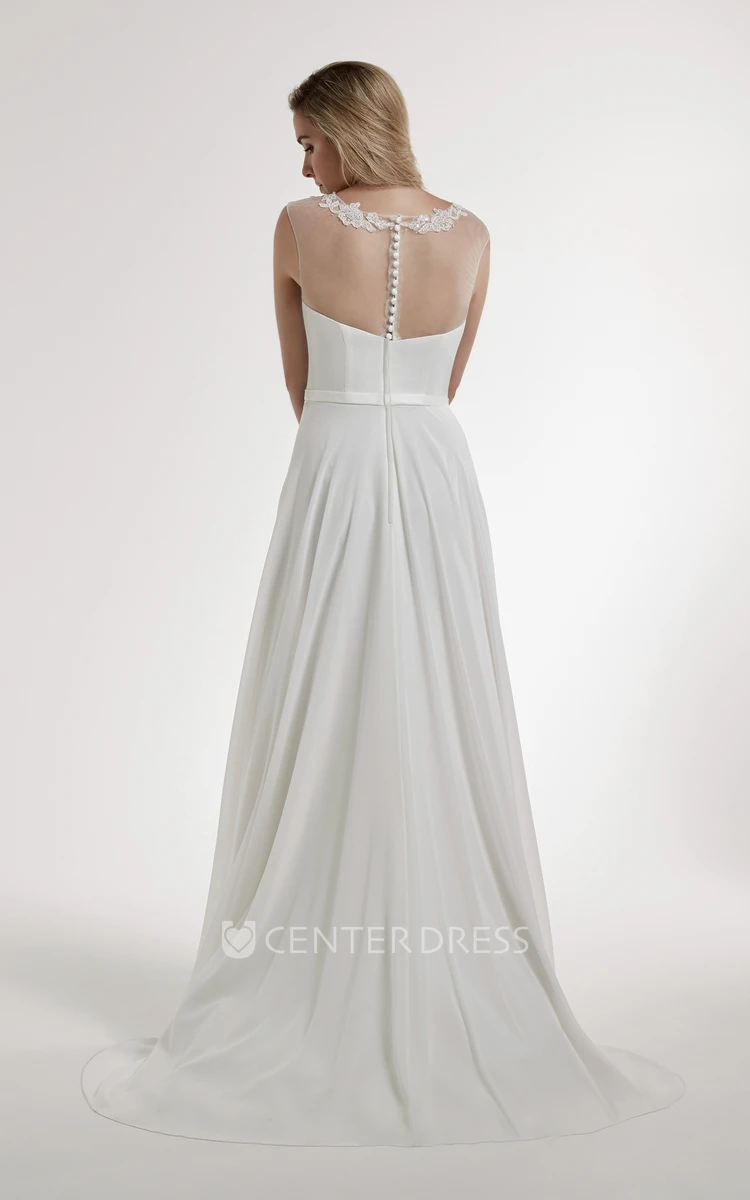 A-Line Scoop Appliqued Sleeveless Floor-Length Satin Wedding Dress With Illusion Back And Sweep Train