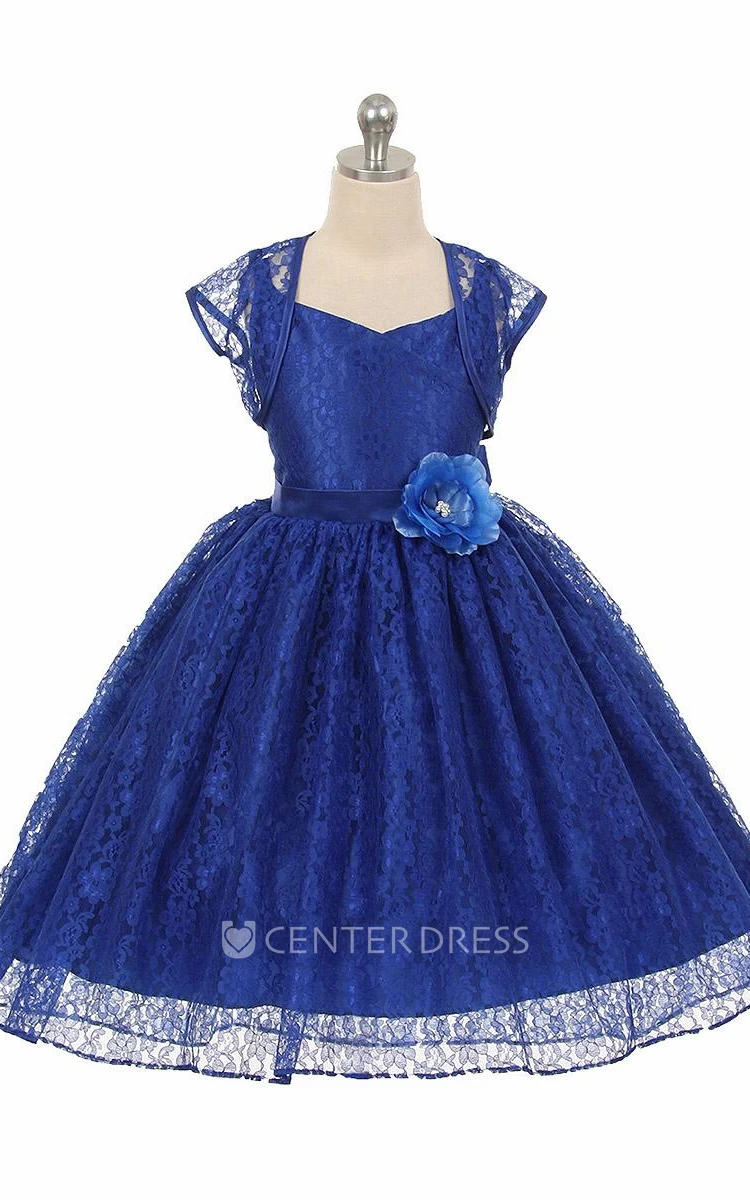 High-Low Criss-Cross Floral Lace Flower Girl Dress With Sash