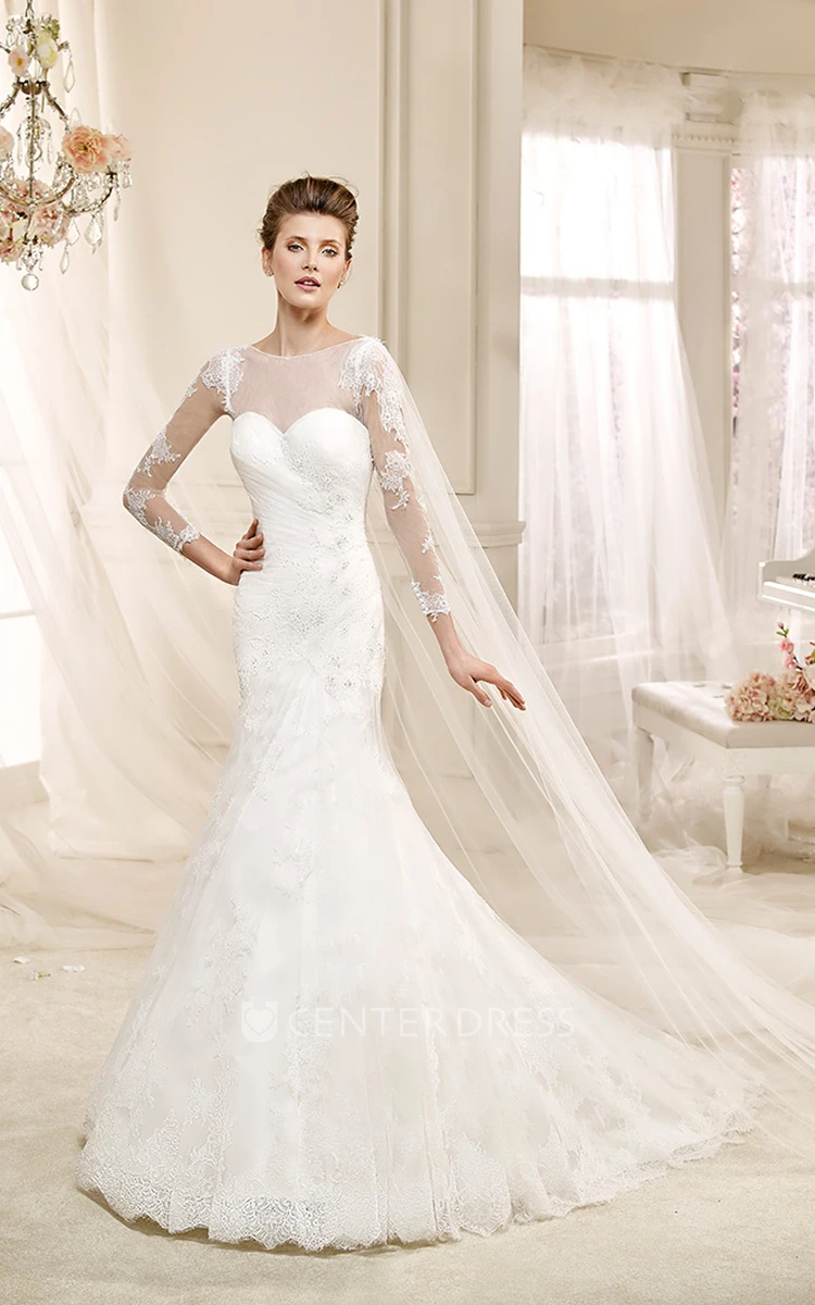 Long-sleeve Illusive Sheath Wedding Dress with Mermaid Style and Appliques 