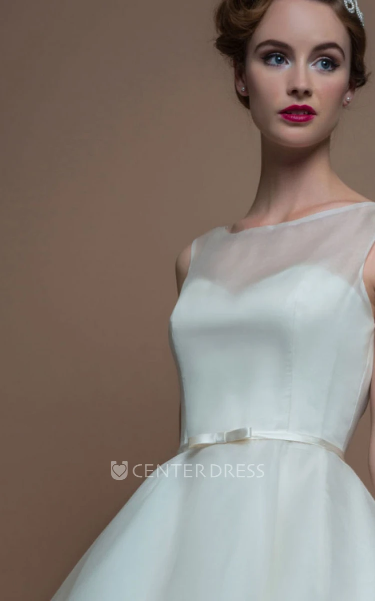 A-Line Tea-Length Sleeveless Bateau-Neck Organza Wedding Dress With Illusion