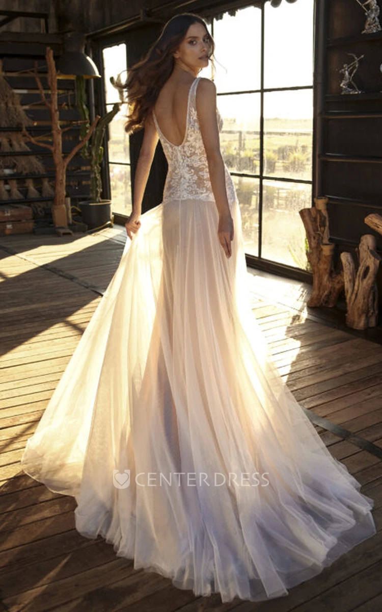 Sleeveless A-line wedding dress with a unique plunging neckline