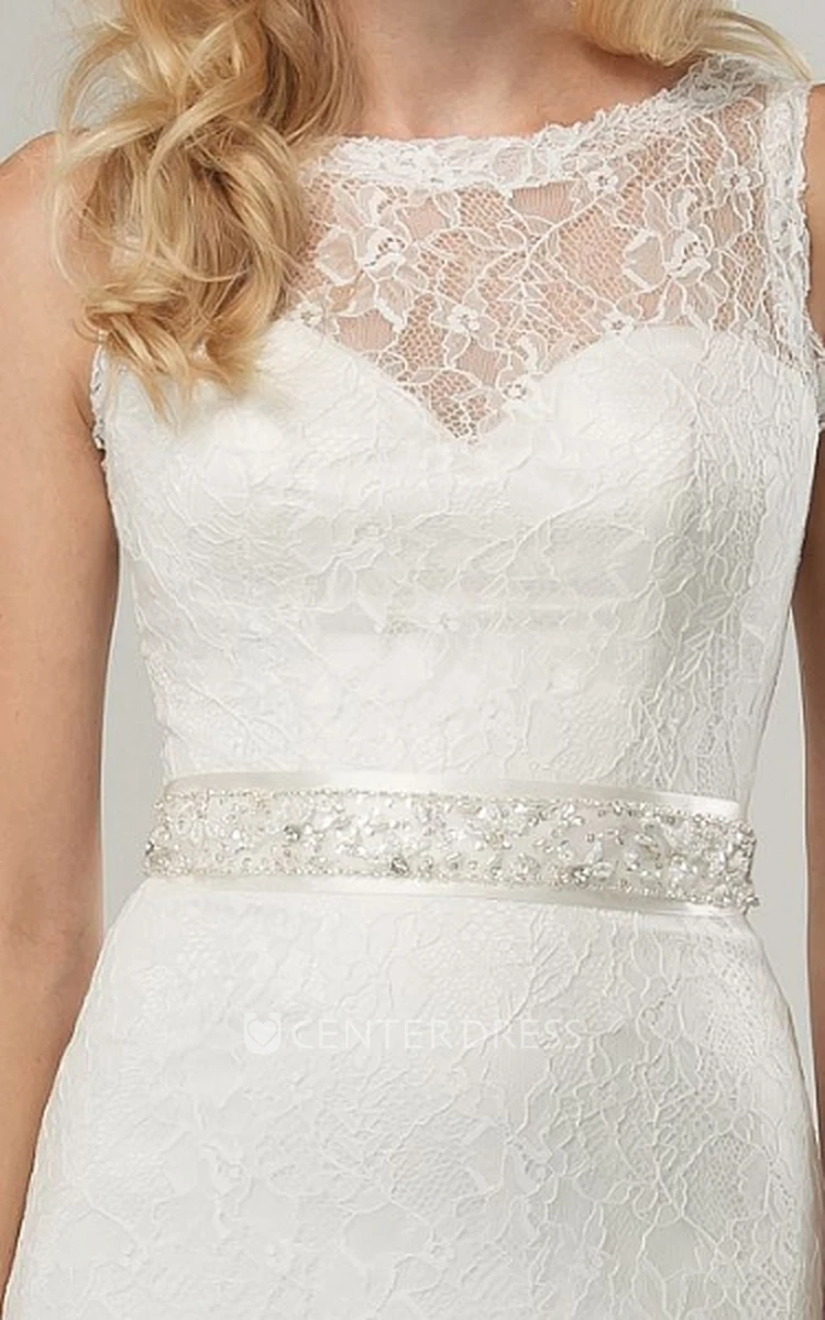 Scoop Long Jeweled Lace Wedding Dress With Sweep Train And Illusion