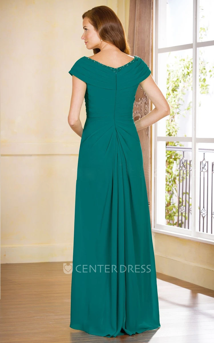 V-Neck Cap-Sleeved Ruffles Gown With Sequined Neckline