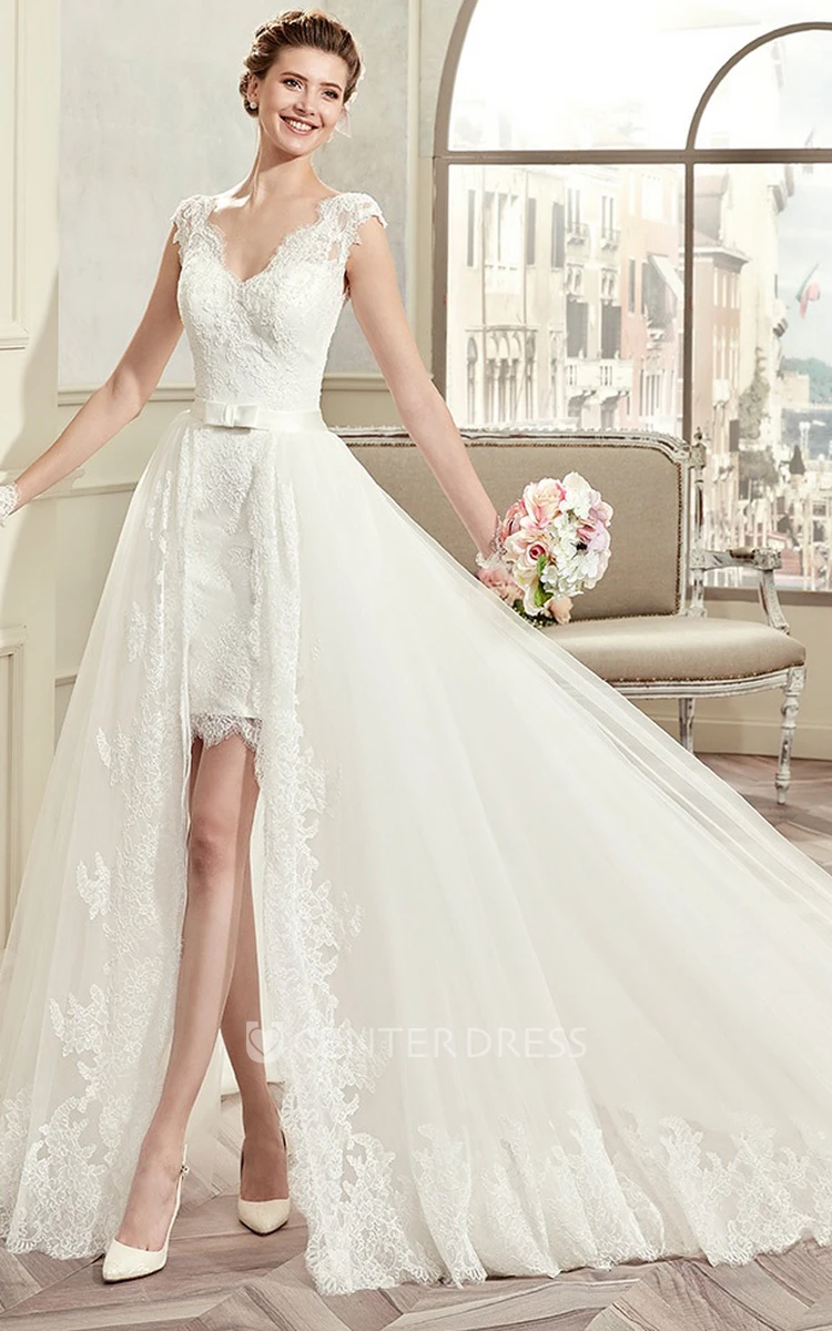 V-Neck Cap-Sleeve Short Lace Wedding Dress With Detachable Overlayer And Open Back