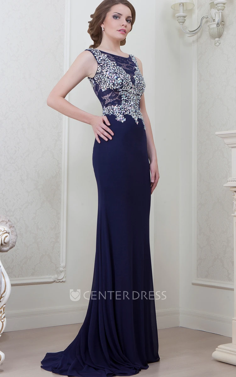 Sheath Sleeveless Scoop-Neck Crystal Floor-Length Jersey Evening Dress With Lace
