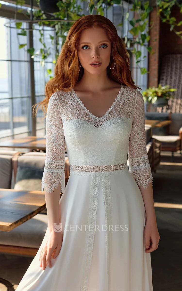 A-Line Illusion Half Sleeve Satin Lace Gorgeous Sweep Train Wedding Dress