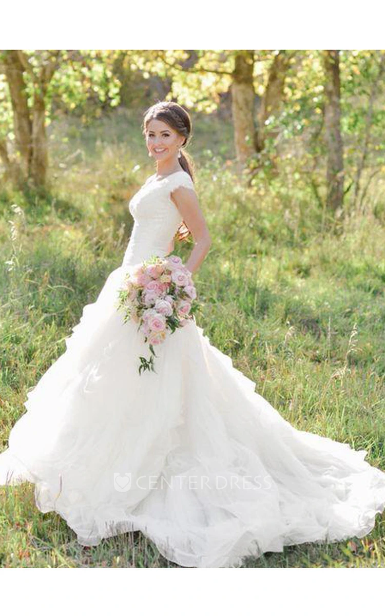 A Line Queen Anne Organza Lace Zipper Wedding Gown
