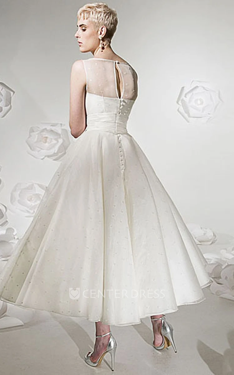 A-Line Tea-Length Sleeveless Jewel-Neck Tulle&Satin Wedding Dress With Ribbon And Illusion