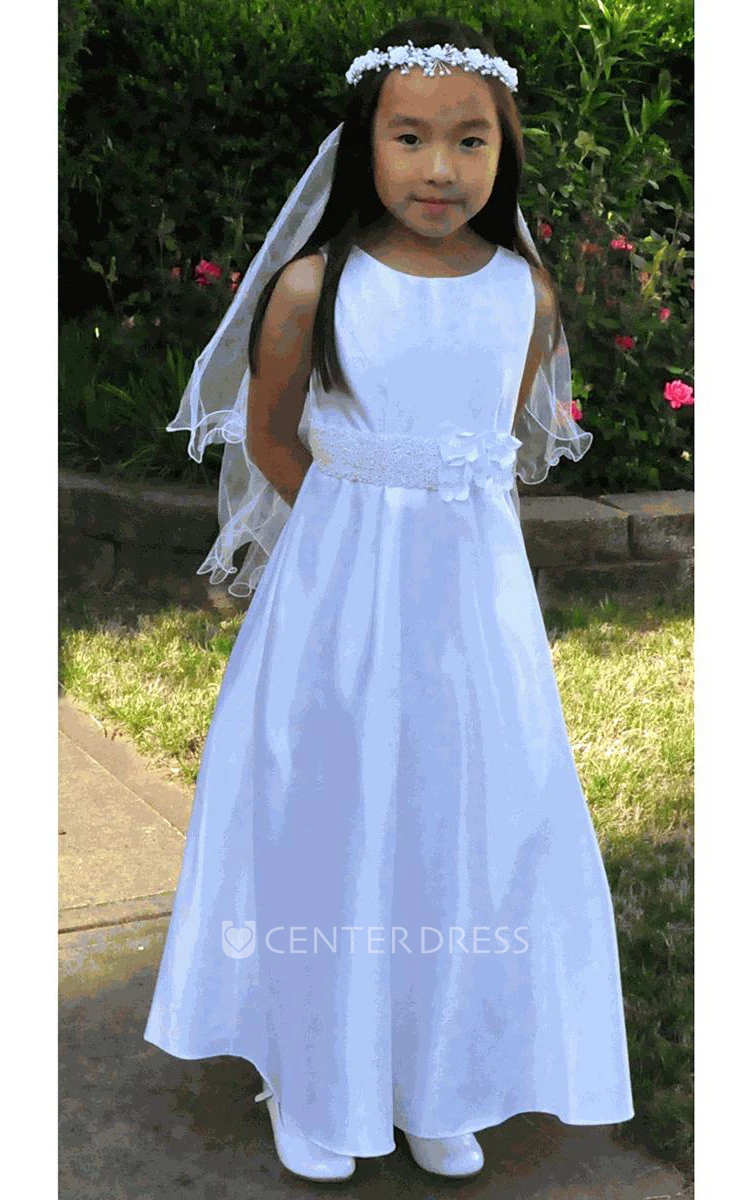 Floral Beaded Floral Satin Flower Girl Dress With Sash