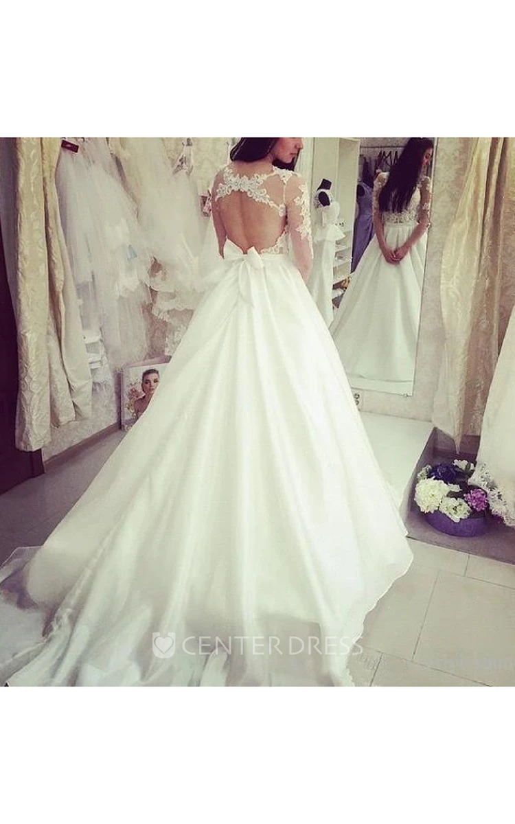 Ball Gown Jewel Satin Lace Open Back Wedding Dress