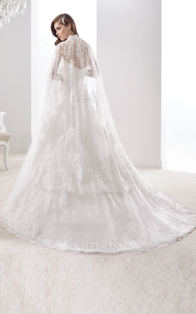 High-Neck Cape-Train A-Line Bridal Gown With Side Floral Ruffles And Brush Train
