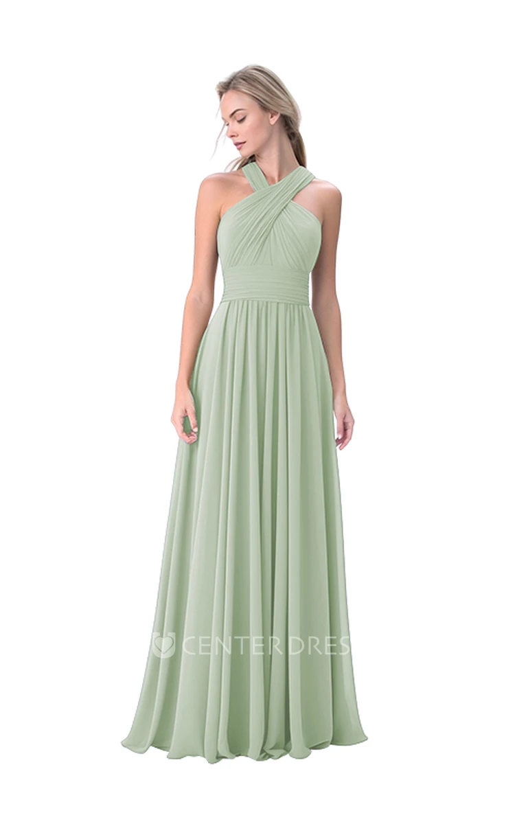 Beautiful Chiffon A-Line Halter Neck Bridesmaid Dress with Ruching Unique Prom Dress