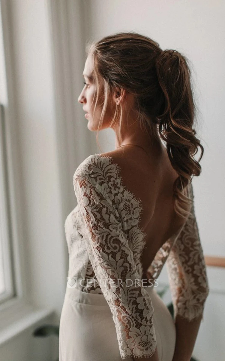 Elegant Lace and Chiffon Sheath 3/4 Sleeve Deep-V Back Bridal Gown with Sweep Train