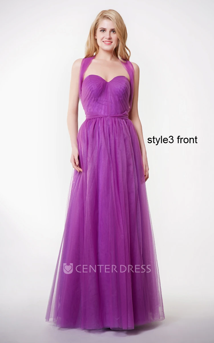 Sleeveless Pleated A-line Tulle Gown With Convertible Straps