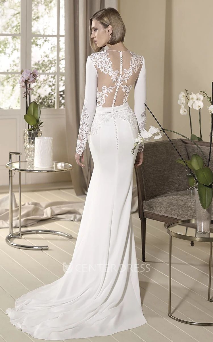 Sheath Long Appliqued High-Neck Long-Sleeve Jersey Wedding Dress With Beading