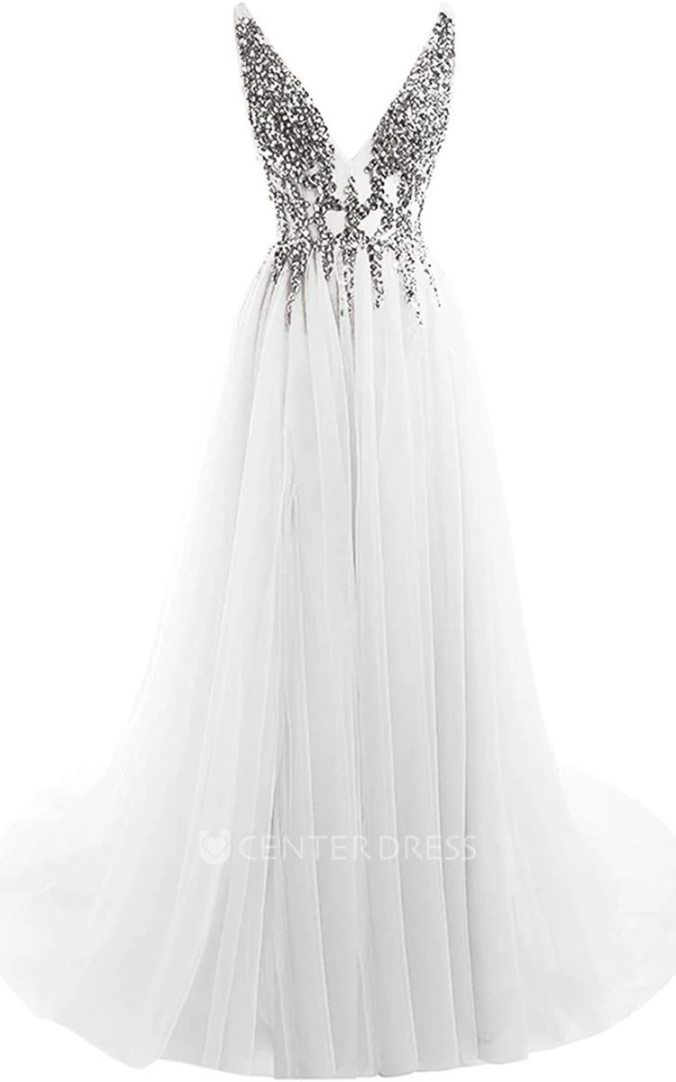 Tulle Floor-length Court Train V-neck A Line Sleeveless Prom Dress With Beading