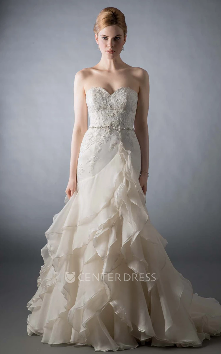 A-Line Sweetheart Appliqued Long Organza Wedding Dress With Cascading Ruffles And Tiers