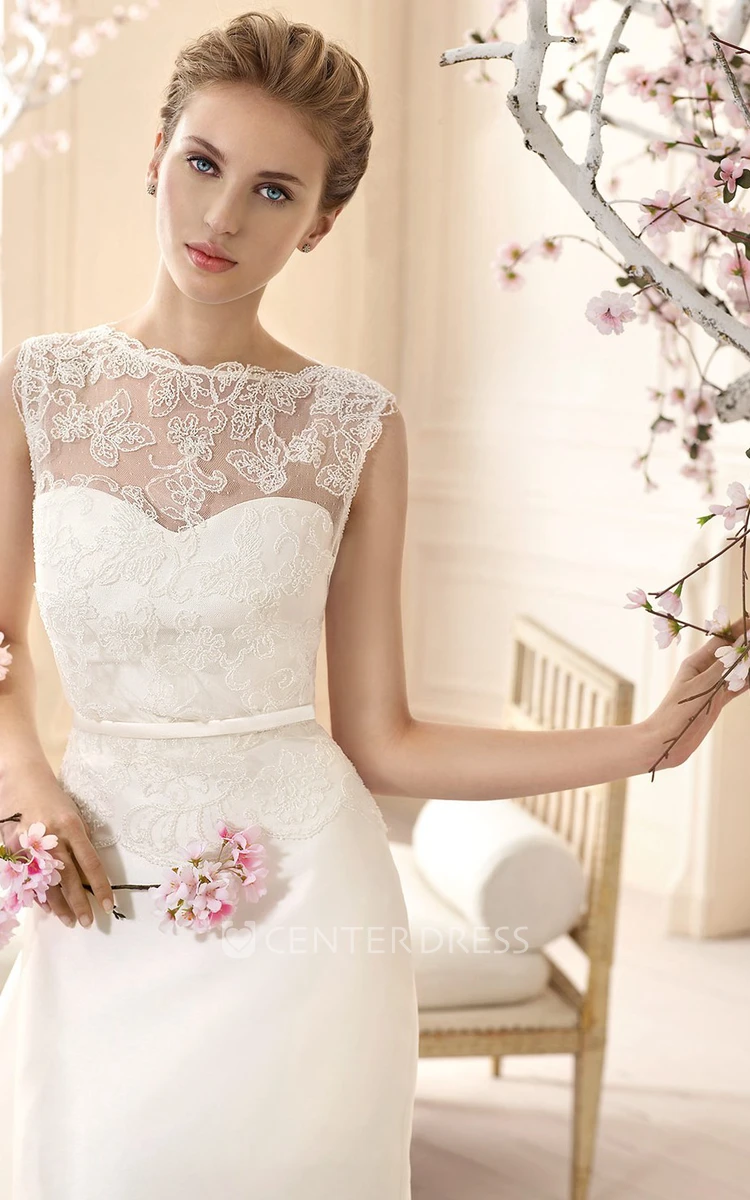 Sheath Sleeveless High-Neck Lace Long Satin Wedding Dress