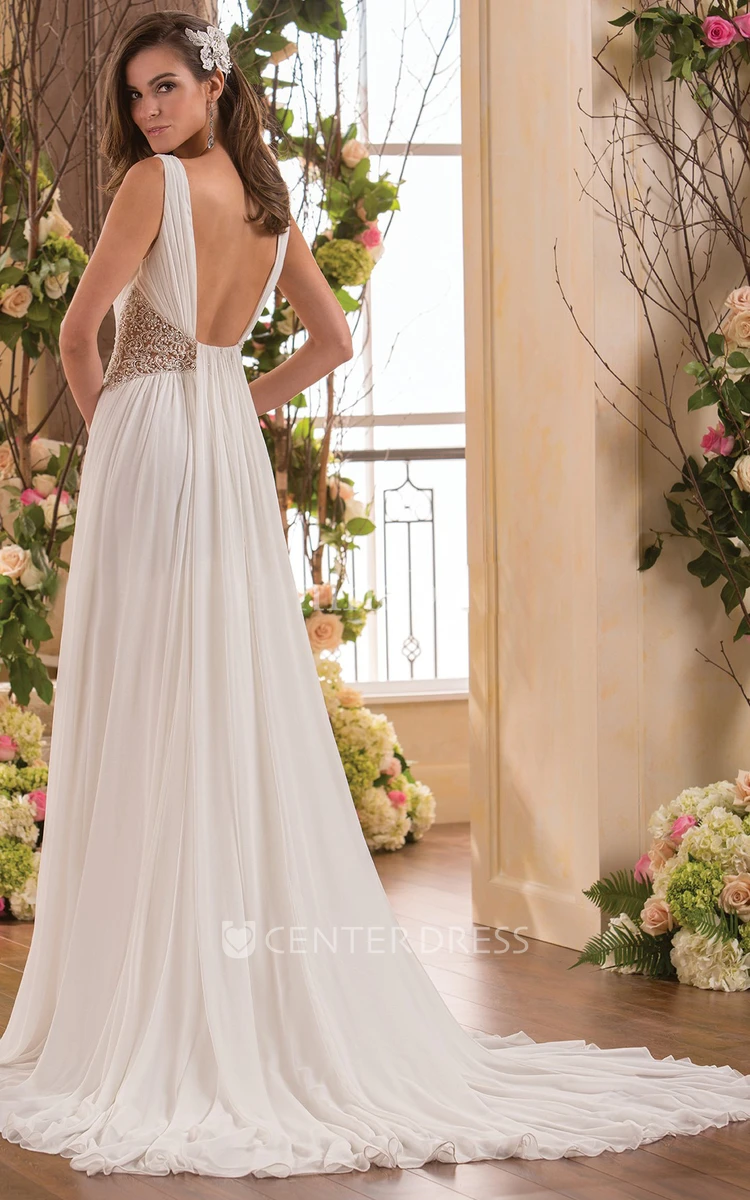 V-Neck Sleeveless Chiffon Wedding Dress With Beaded Waist And Pleats