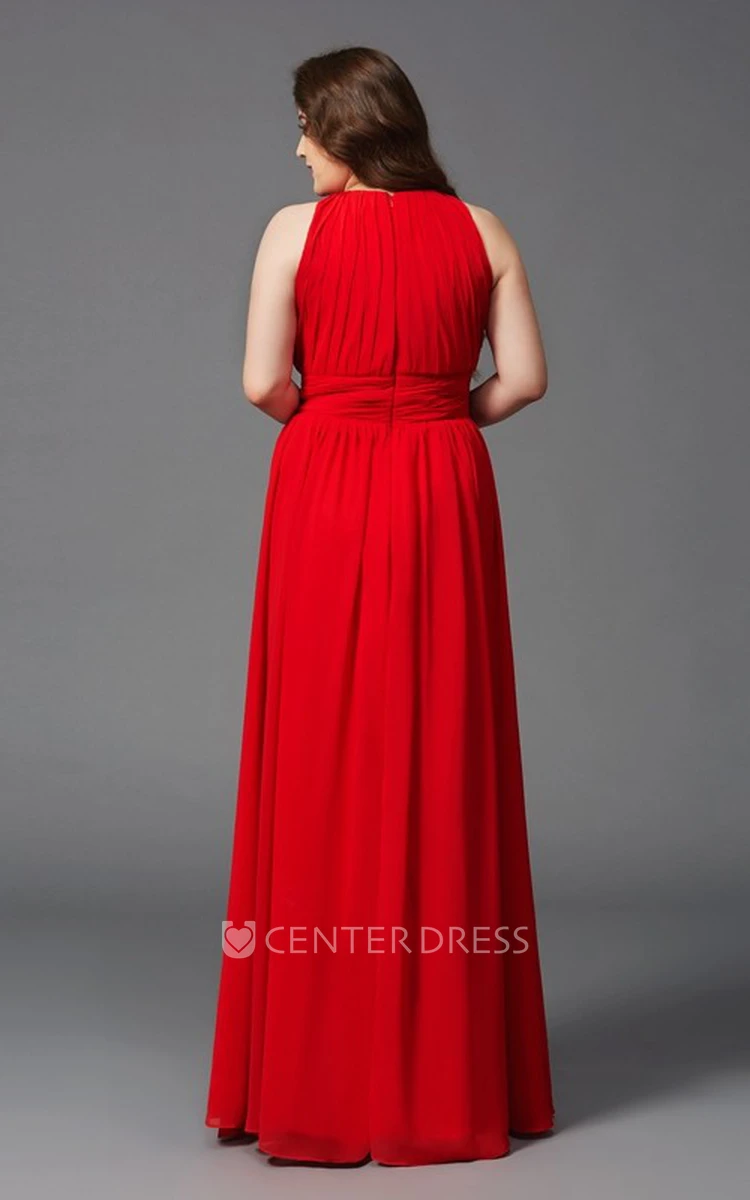 A-line Floor-length Jewel Sleeveless Chiffon Pleats Zipper Dress