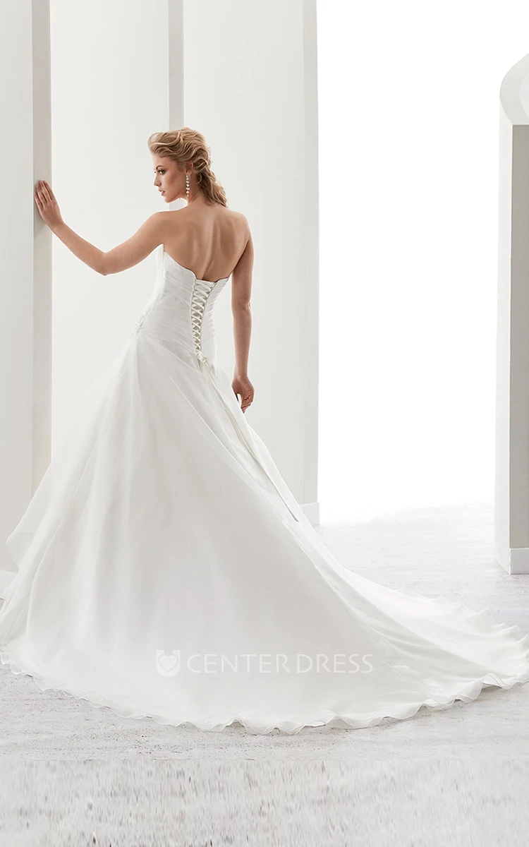 Sweetheart Pleated A-line Wedding Dress with Beaded Bust and Side Ruffles 