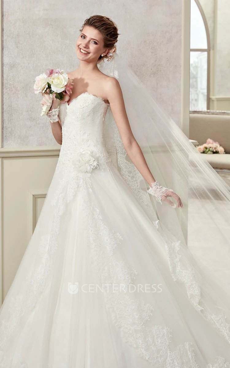 Sweetheart A-Line Ruching Bridal Gown With Floral Waist And Lace-Up Back