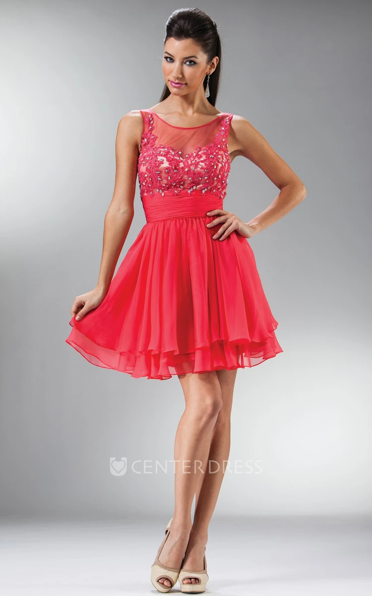 A-Line Short Bateau Sleeveless Chiffon Dress With Appliques And Tiers