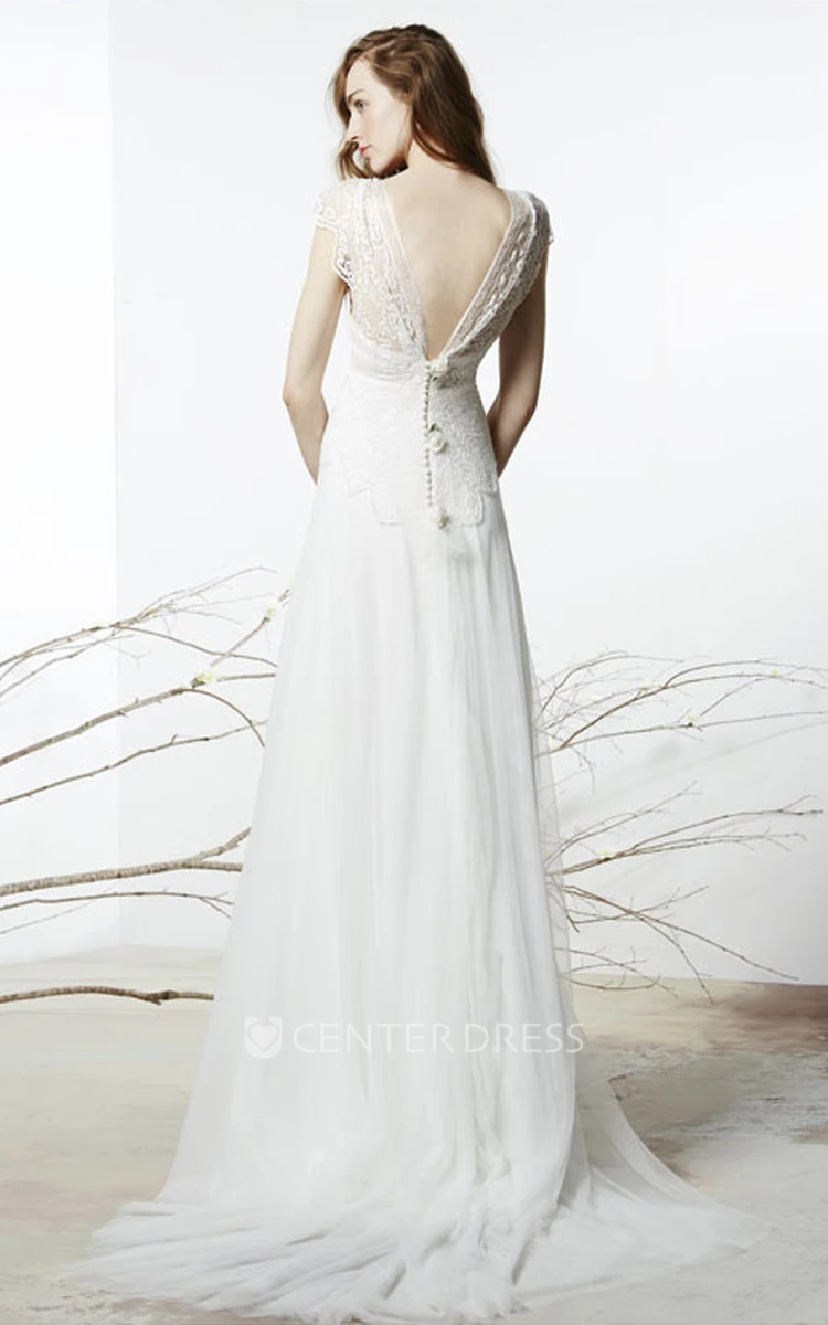 Sheath Long Cap-Sleeve V-Neck Tulle&Lace Wedding Dress With Flower And V Back