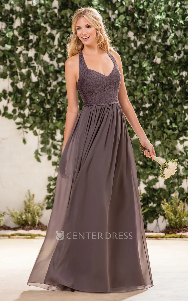 Halter V-Neck A-Line Bridesmaid Dress With Lace Bodice And Pleats
