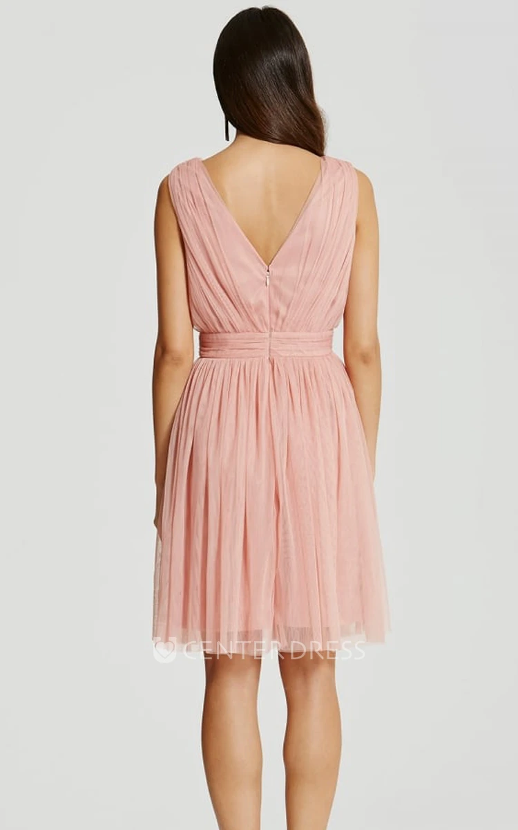 Mini A-Line Criss-Cross V-Neck Sleeveless Tulle Bridesmaid Dress With Appliques