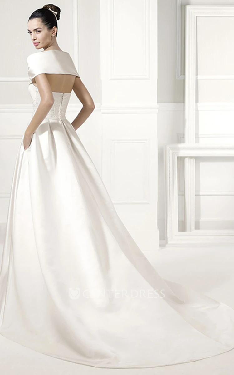 Unique Off-Shoulder Taffeta Bridal Gown With Belt
