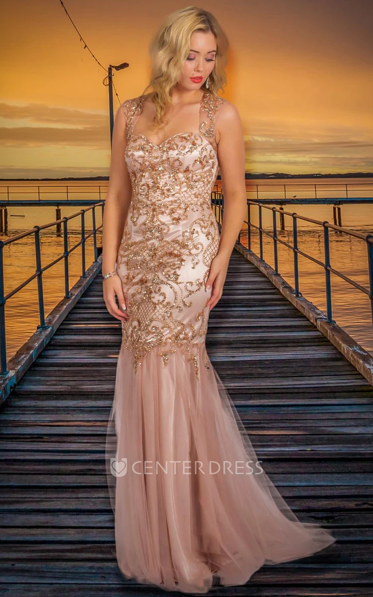 Sheath Sleeveless Beaded Long Strapped Tulle&Satin Prom Dress With Sequins