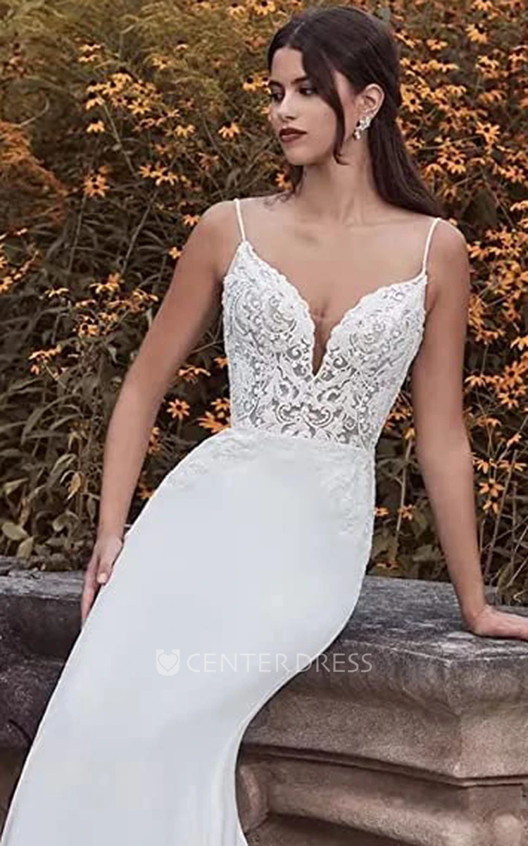 Satin Mermaid Wedding Dress with Spaghetti Straps and Appliques Casual Satin Applique Wedding Dress