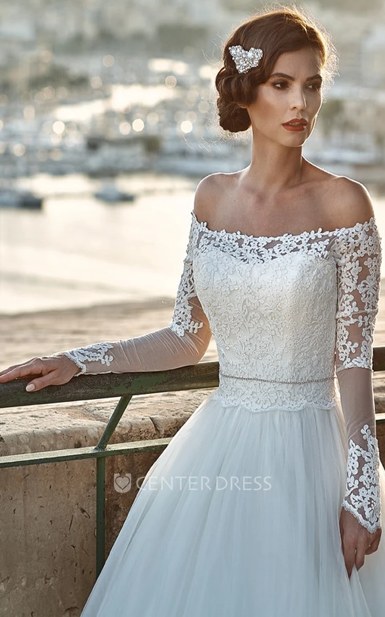 A-Line Off-The-Shoulder Appliqued Floor-Length Long-Sleeve Tulle&Lace Wedding Dress
