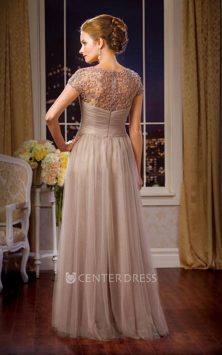 Cap-Sleeved A-Line Tulle Mother Of The Bride Dress With Pleats And Beadings