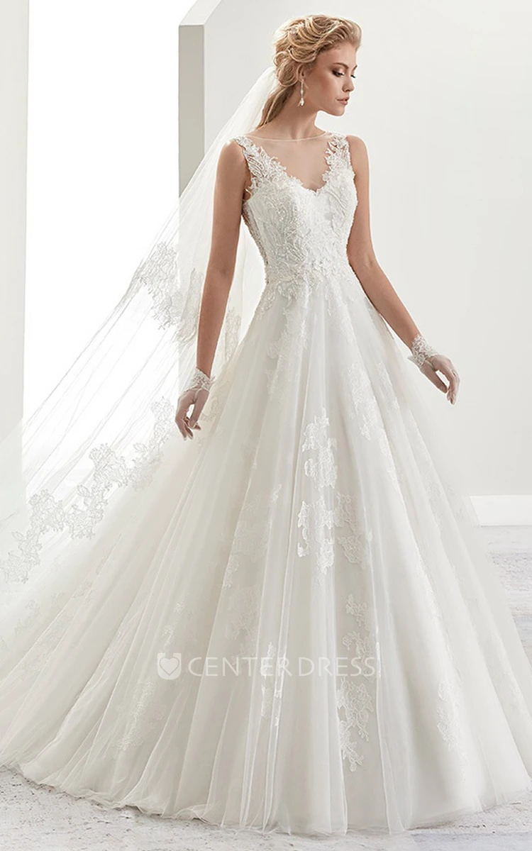 V-Neck A-Line Brush-Train Bridal Gown With Illusive Lace Back And Cap Sleeve