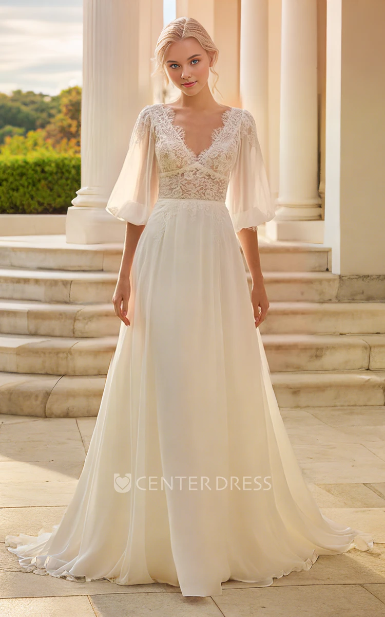 Boho Sexy Half Sleeve A-Line V-neck Chiffon Lace Wedding Dress Elegant Solid Button V Back Bridal Gown