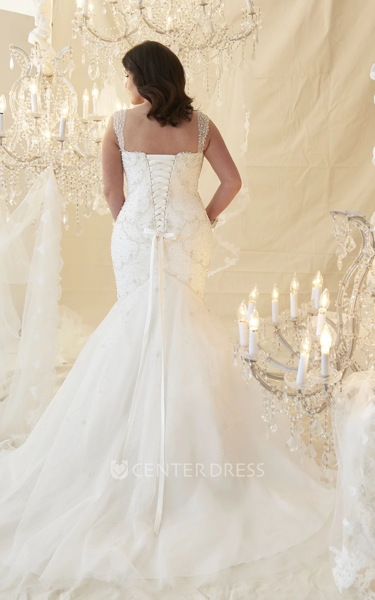 Mermaid Sleeveless Floor-Length Beaded Tulle Plus Size Wedding Dress