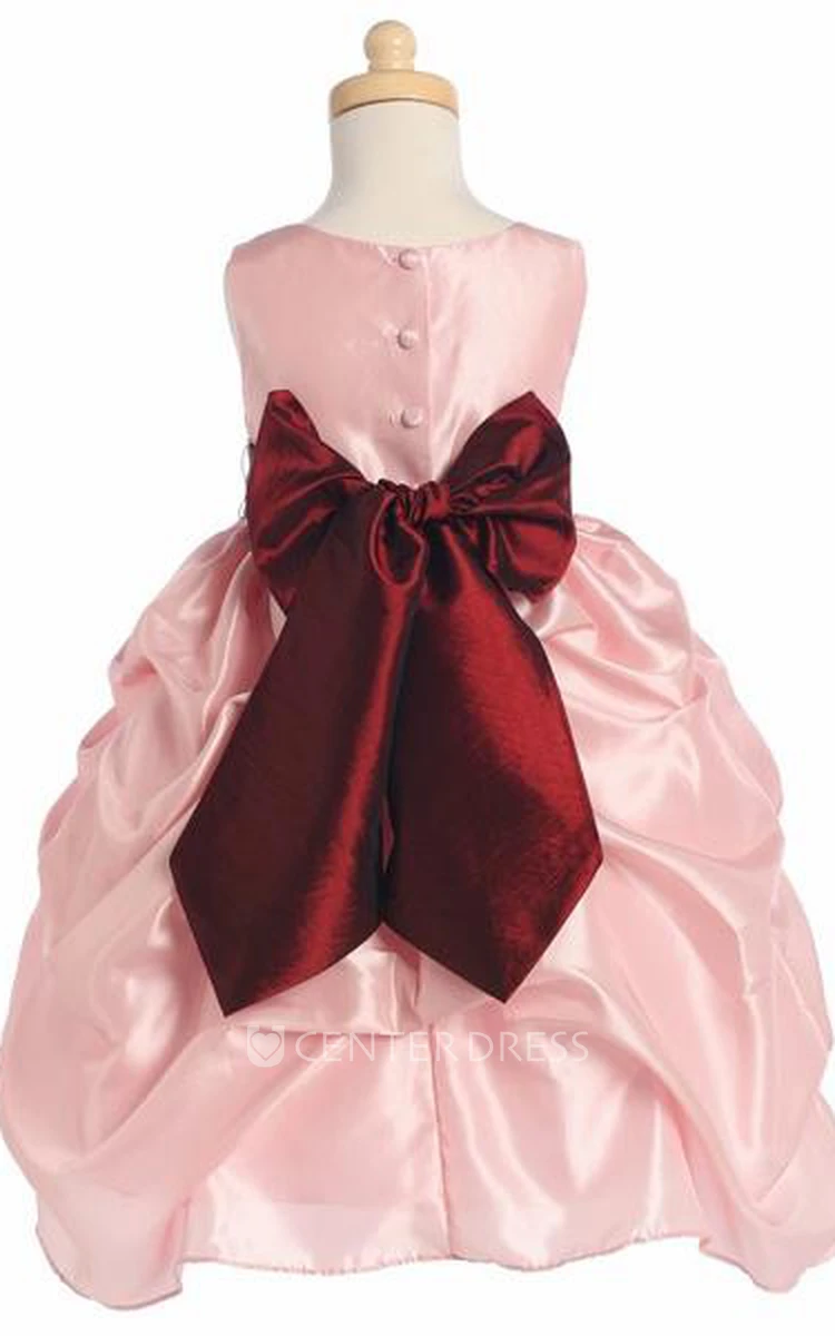 Tea-Length Floral Ruched Floral Taffeta Flower Girl Dress With Ribbon