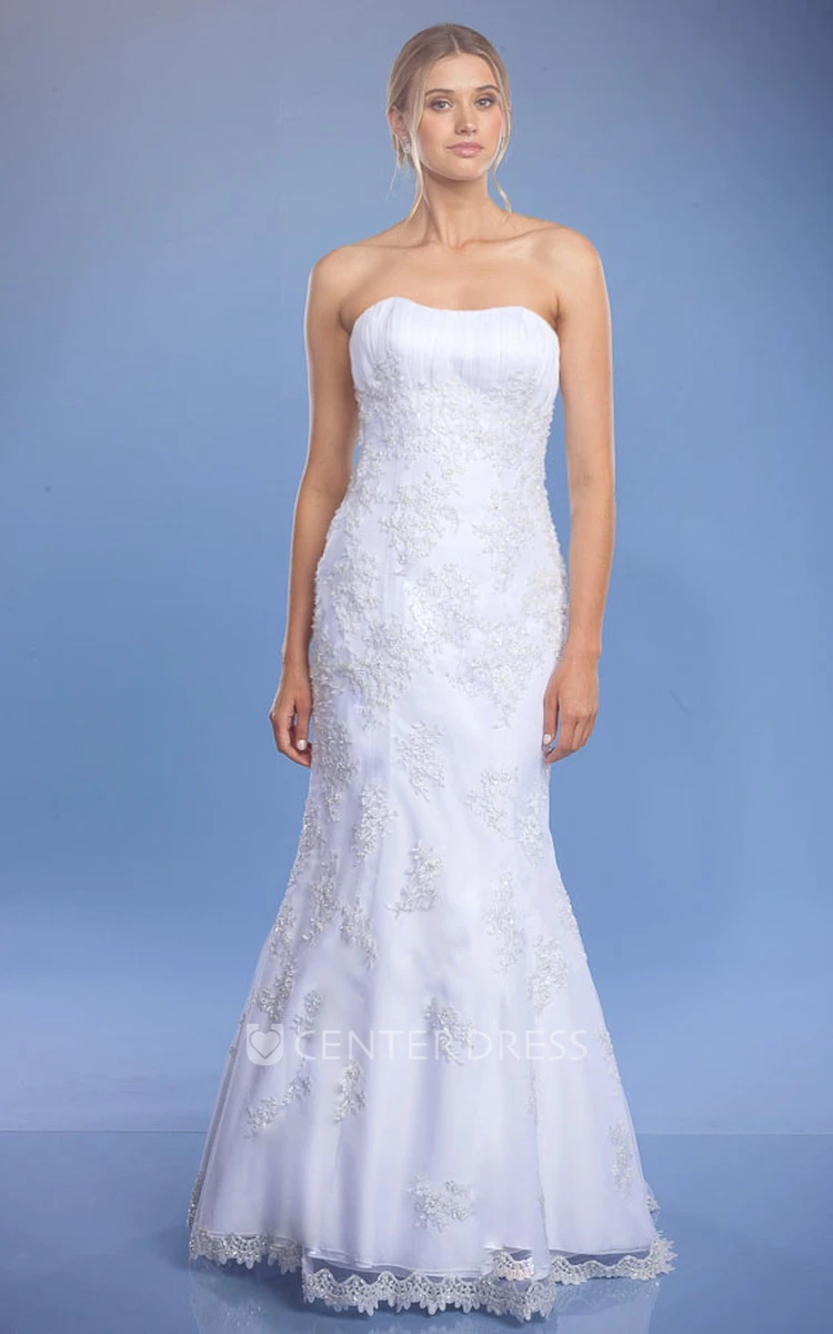Mermaid Appliqued Floor-Length Strapless Sleeveless Lace&Satin Wedding Dress