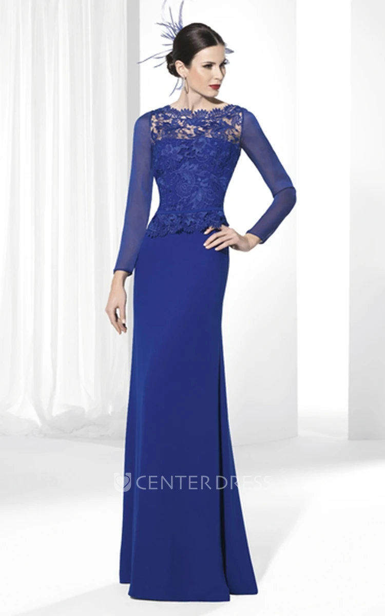 Jewel-Neck Floor-Length Appliqued Long-Sleeve Jersey Prom Dress