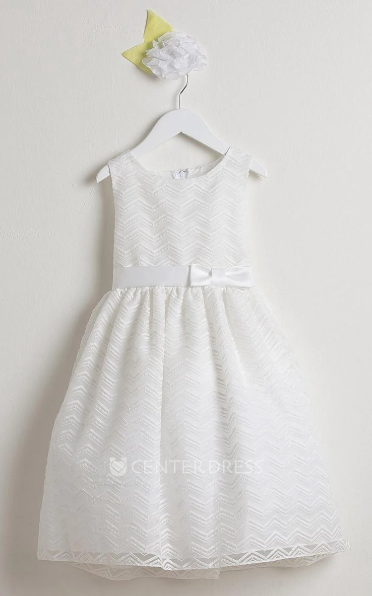 Midi Bowed Organza&Satin Flower Girl Dress With Embroidery