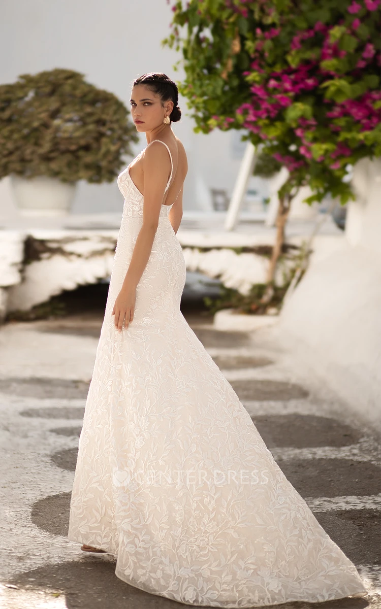 Plunging Neckline Mermaid Lace Sexy Backless Wedding Dress with Cathedral Train