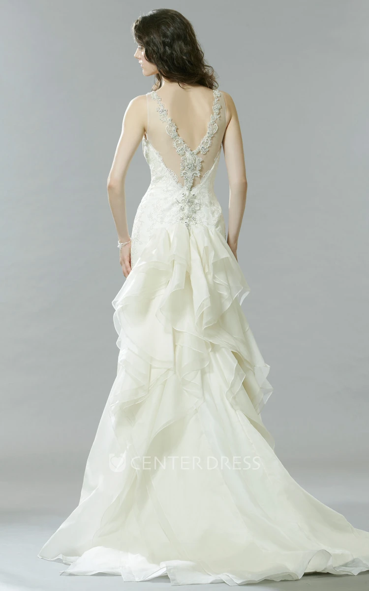 Trumpet Sleeveless Beaded Scoop Long Wedding Dress With Ruffles And Appliques