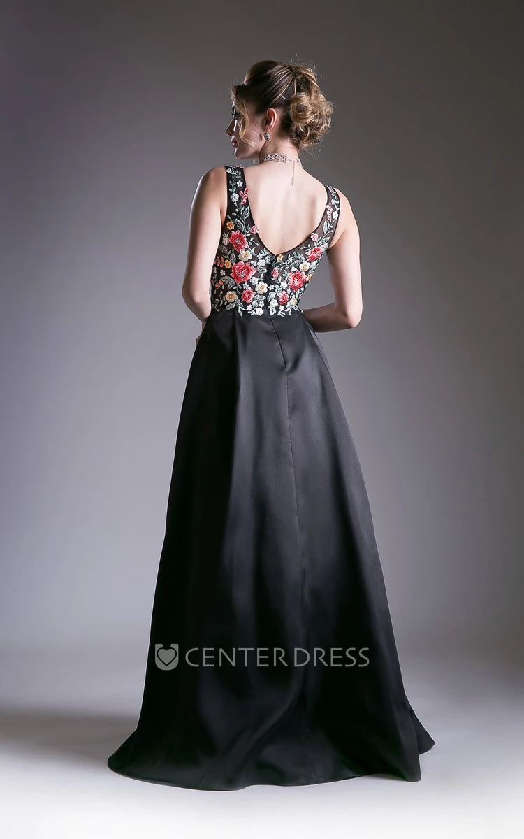 A-Line V-Neck Sleeveless Satin Low-V Back Dress With Embroidery
