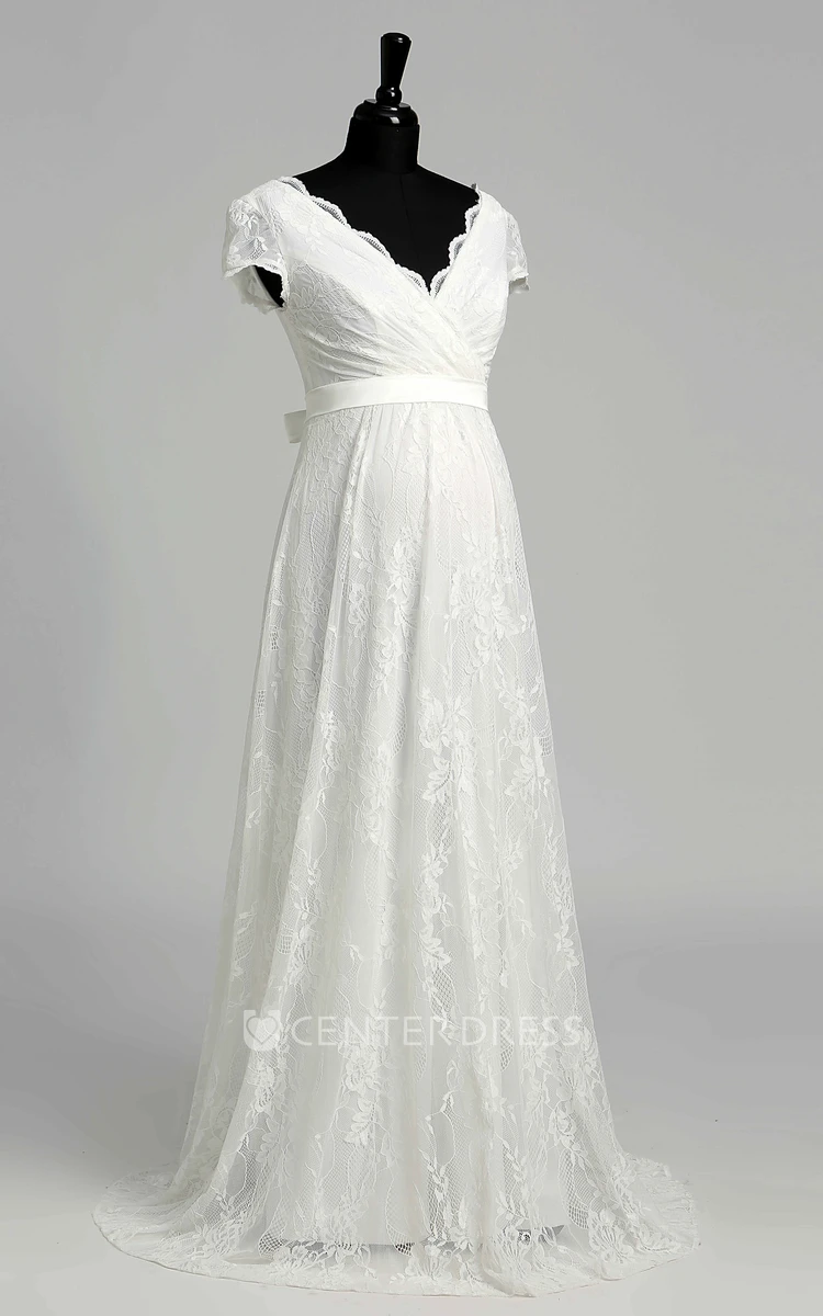 A Line Beach Floor-length Bow Sash Ribbon Lace Maternity Wedding Dress