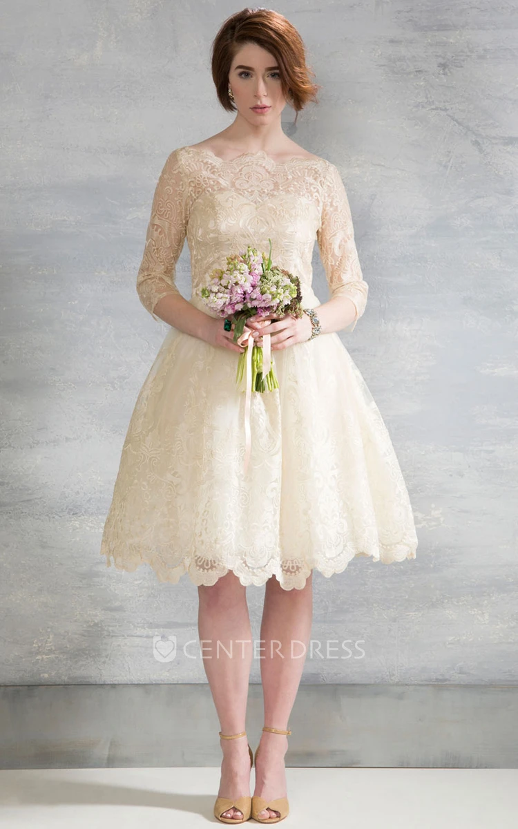 Knee-Length Bateau Long-Sleeve Lace Wedding Dress With Illusion